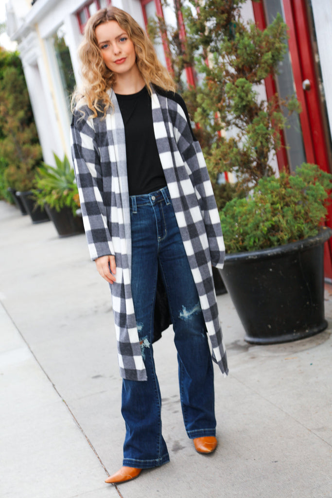 Get To Know You Black Buffalo Plaid Hacci Cardigan-Timber Brooke Boutique, Online Women's Fashion Boutique in Amarillo, Texas