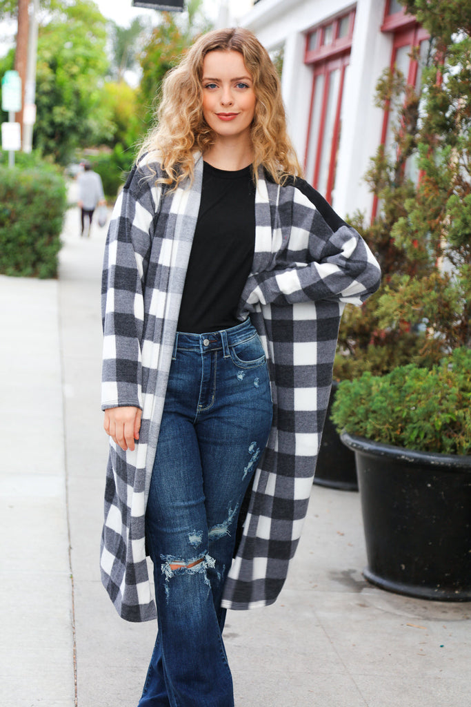 Get To Know You Black Buffalo Plaid Hacci Cardigan-Timber Brooke Boutique, Online Women's Fashion Boutique in Amarillo, Texas