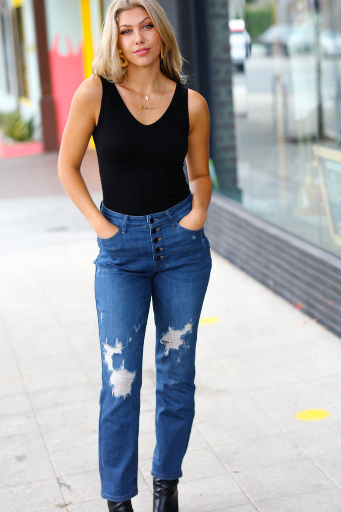 Blue Denim Boyfriend Fit Button Fly Distressed Jeans-Timber Brooke Boutique, Online Women's Fashion Boutique in Amarillo, Texas