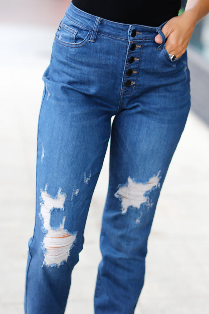 Blue Denim Boyfriend Fit Button Fly Distressed Jeans-Timber Brooke Boutique, Online Women's Fashion Boutique in Amarillo, Texas
