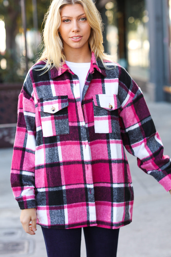 Sassy Fuchsia Plaid Flannel Button Down Shacket-Coats & Jackets-Timber Brooke Boutique, Online Women's Fashion Boutique in Amarillo, Texas