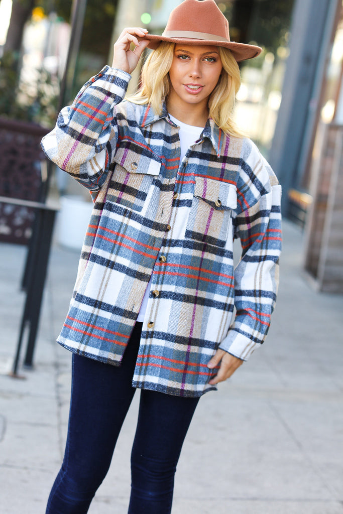 Taupe & Blue Plaid Flannel Button Down Shacket-Timber Brooke Boutique, Online Women's Fashion Boutique in Amarillo, Texas