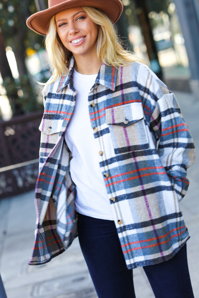Taupe & Blue Plaid Flannel Button Down Shacket-Timber Brooke Boutique, Online Women's Fashion Boutique in Amarillo, Texas
