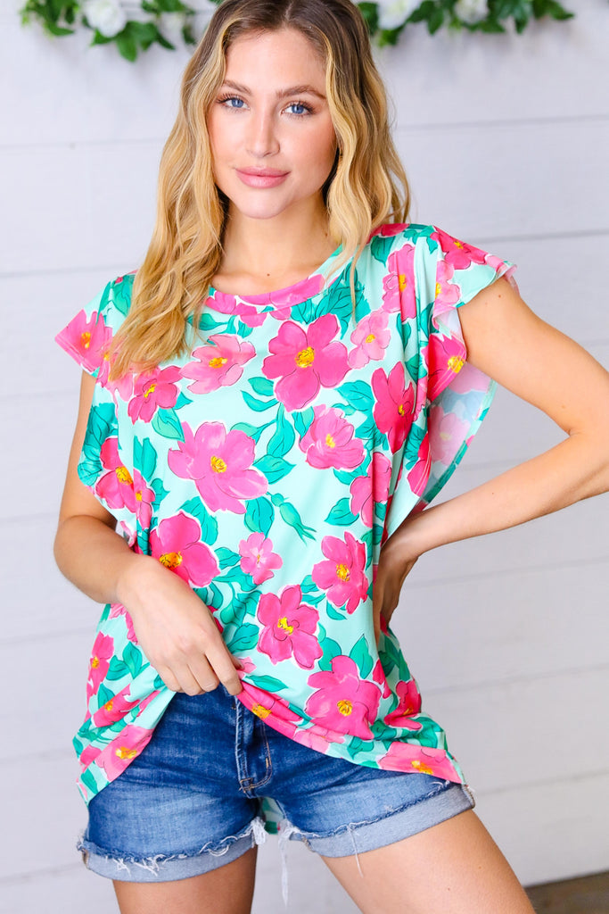 Mint & Fuchsia Floral Ruffle Sleeve Top-Timber Brooke Boutique, Online Women's Fashion Boutique in Amarillo, Texas