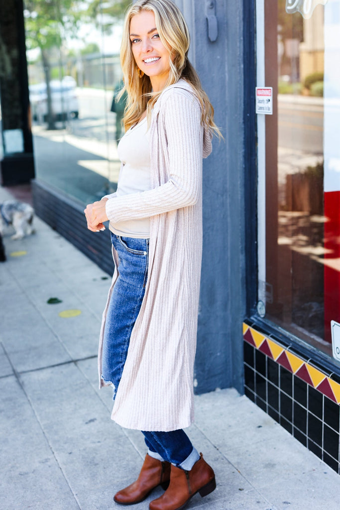 Casual Chic Taupe Ribbed Hooded Open Cardigan-Timber Brooke Boutique, Online Women's Fashion Boutique in Amarillo, Texas