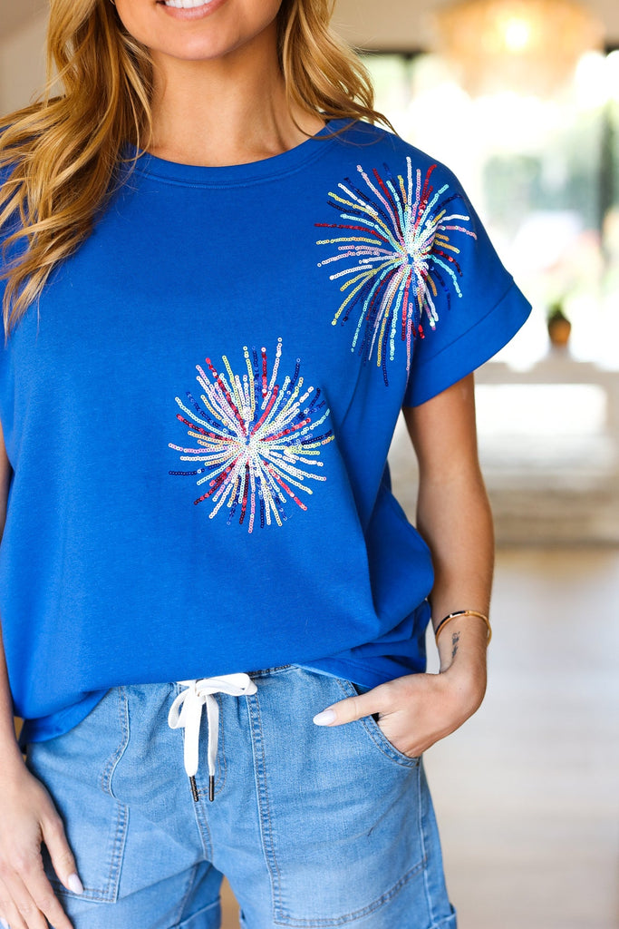 Light Me Up Blue Sequin Firework Dolman Top-Timber Brooke Boutique, Online Women's Fashion Boutique in Amarillo, Texas