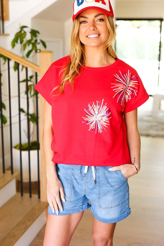 Light Me Up Red Sequin Firework Dolman Top-Timber Brooke Boutique, Online Women's Fashion Boutique in Amarillo, Texas