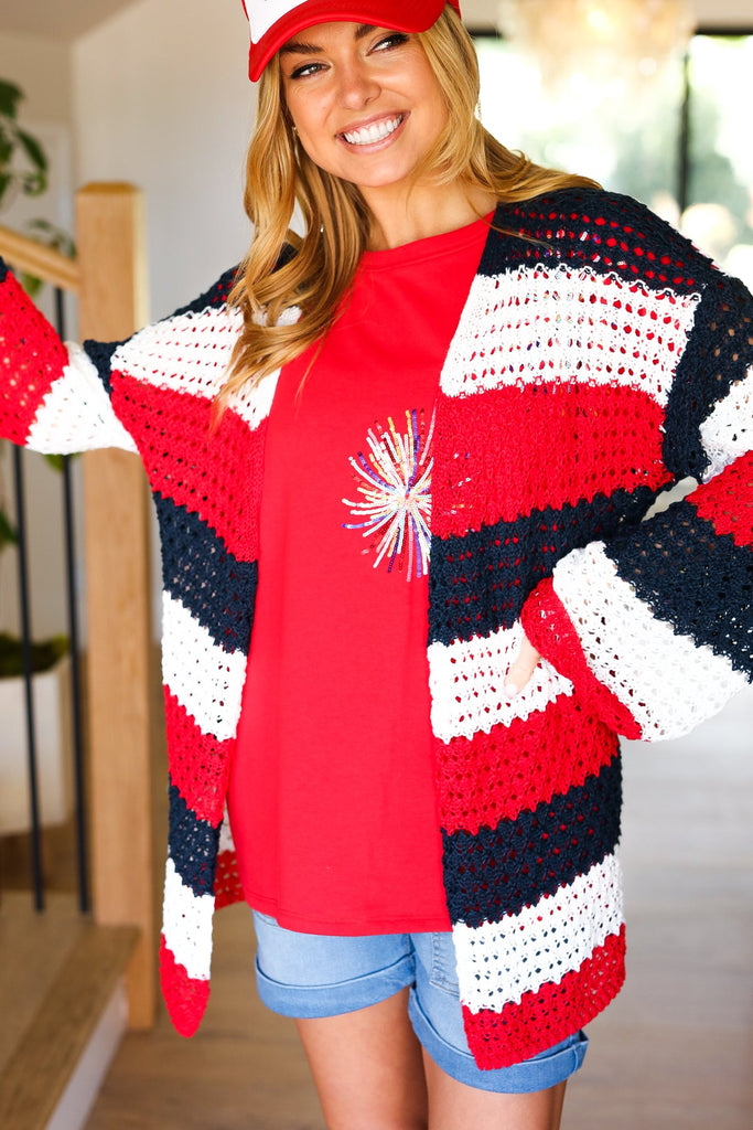 Simply Patriotic Red White & Blue Striped Crochet Cardigan-Timber Brooke Boutique, Online Women's Fashion Boutique in Amarillo, Texas