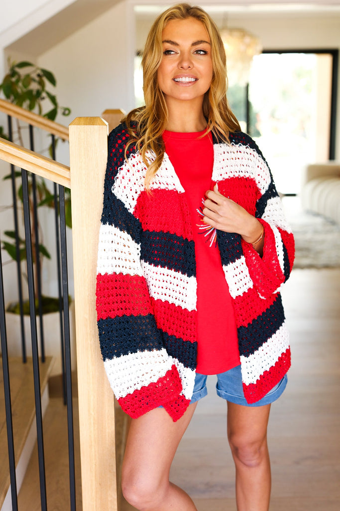 Simply Patriotic Red White & Blue Striped Crochet Cardigan-Timber Brooke Boutique, Online Women's Fashion Boutique in Amarillo, Texas