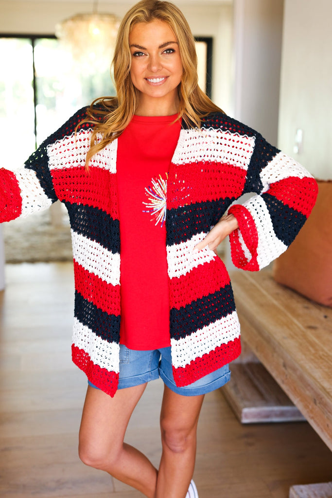 Simply Patriotic Red White & Blue Striped Crochet Cardigan-Timber Brooke Boutique, Online Women's Fashion Boutique in Amarillo, Texas