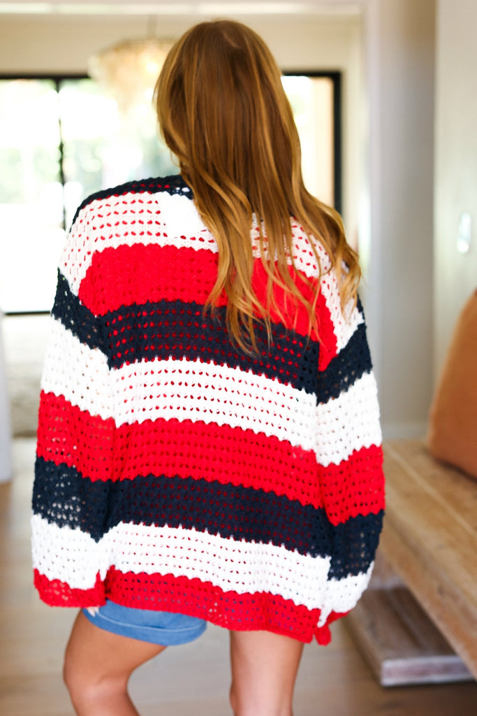 Simply Patriotic Red White & Blue Striped Crochet Cardigan-Timber Brooke Boutique, Online Women's Fashion Boutique in Amarillo, Texas