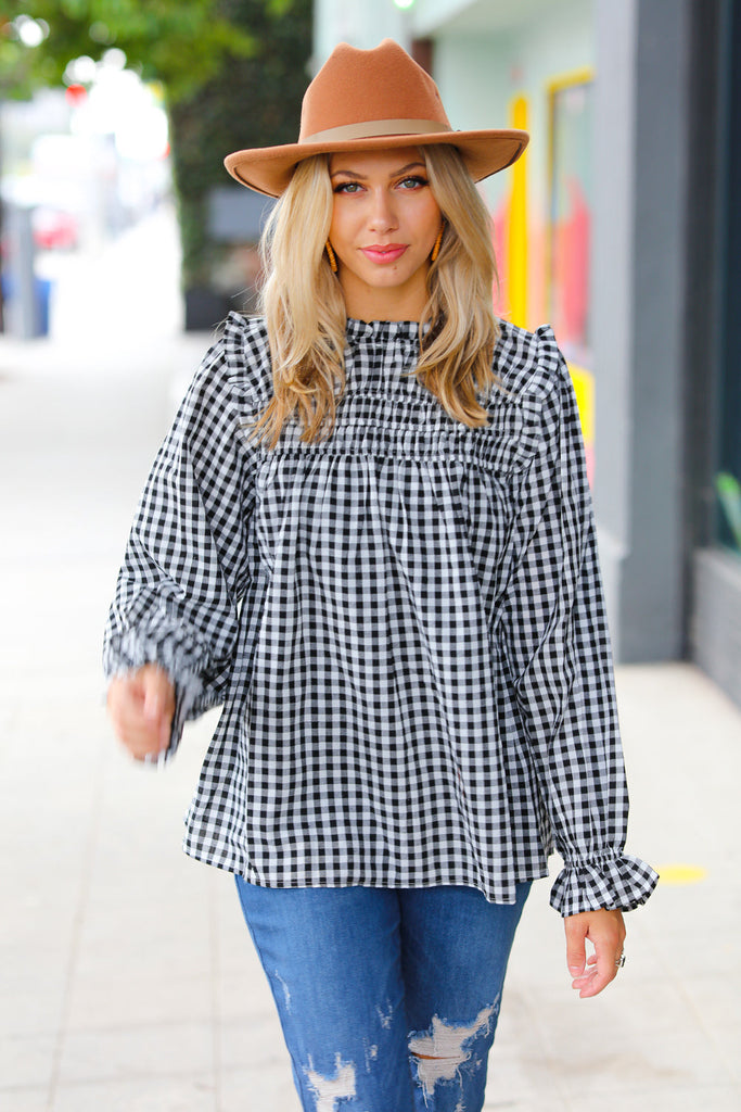 Black Gingham Shirred Yoke Mock Neck Frilled Top-Timber Brooke Boutique, Online Women's Fashion Boutique in Amarillo, Texas