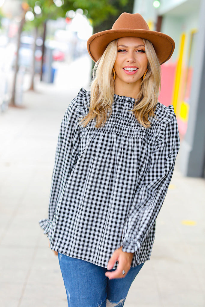 Black Gingham Shirred Yoke Mock Neck Frilled Top-Timber Brooke Boutique, Online Women's Fashion Boutique in Amarillo, Texas