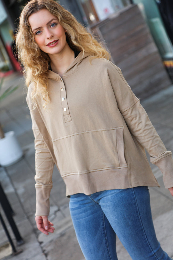 Join You Later Taupe French Terry Snap Button Hoodie-Timber Brooke Boutique, Online Women's Fashion Boutique in Amarillo, Texas