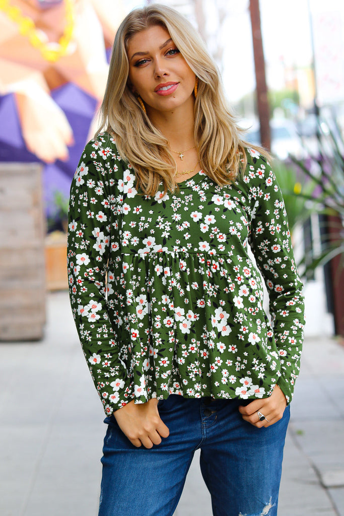 Olive Floral Print Babydoll Top-Timber Brooke Boutique, Online Women's Fashion Boutique in Amarillo, Texas
