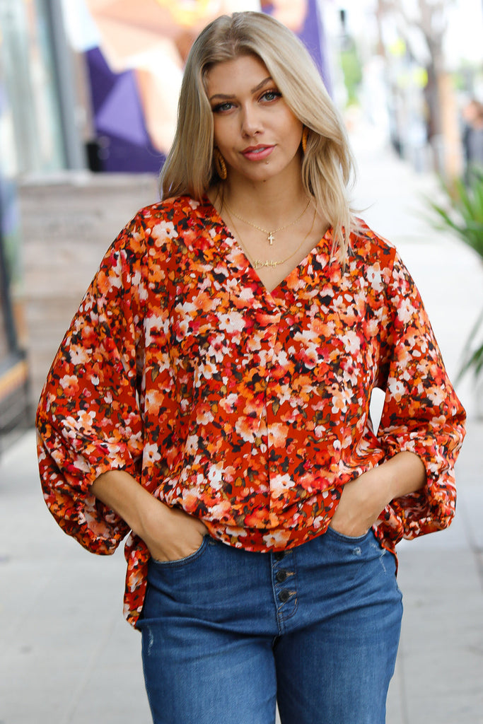 Rust Floral Print V Neck Woven Top-Timber Brooke Boutique, Online Women's Fashion Boutique in Amarillo, Texas