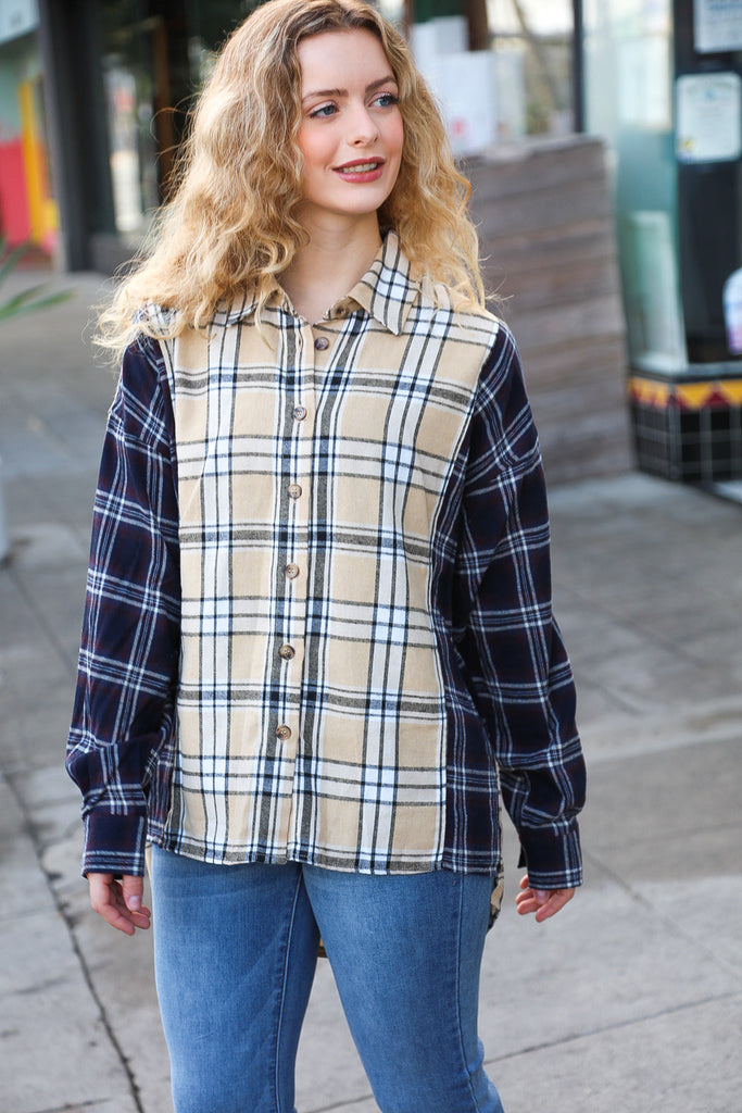 It's All Possible Navy& Beige Cotton Plaid Hi-Lo Shirt Top-Timber Brooke Boutique, Online Women's Fashion Boutique in Amarillo, Texas