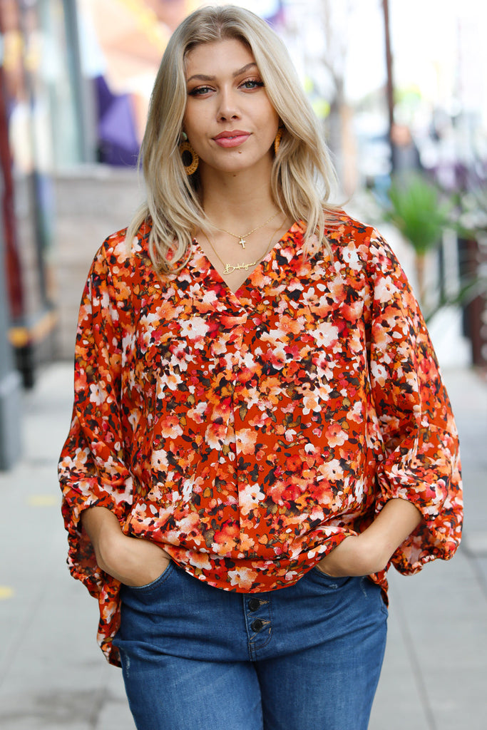 Rust Floral Print V Neck Woven Top-Timber Brooke Boutique, Online Women's Fashion Boutique in Amarillo, Texas