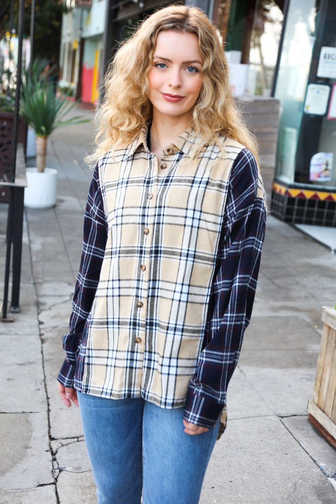 It's All Possible Navy& Beige Cotton Plaid Hi-Lo Shirt Top-Timber Brooke Boutique, Online Women's Fashion Boutique in Amarillo, Texas