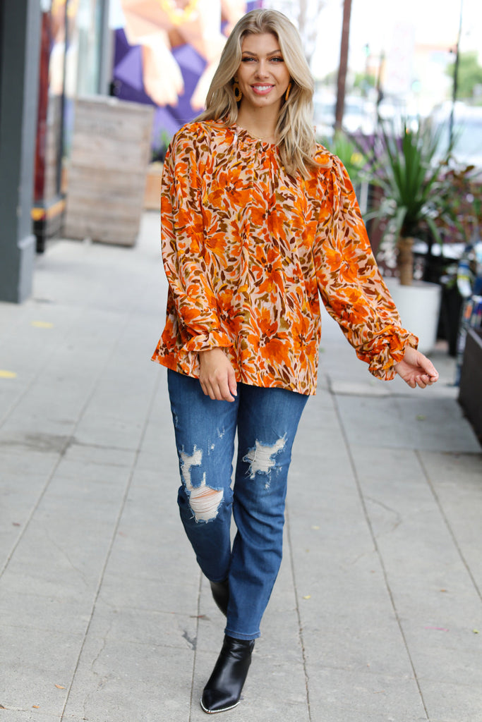 All The Joy Burnt Orange Watercolor Floral Frill Neck Top-Timber Brooke Boutique, Online Women's Fashion Boutique in Amarillo, Texas
