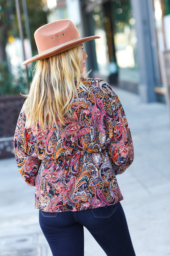 Black & Rust Paisley Surplice Peplum Top-Timber Brooke Boutique, Online Women's Fashion Boutique in Amarillo, Texas