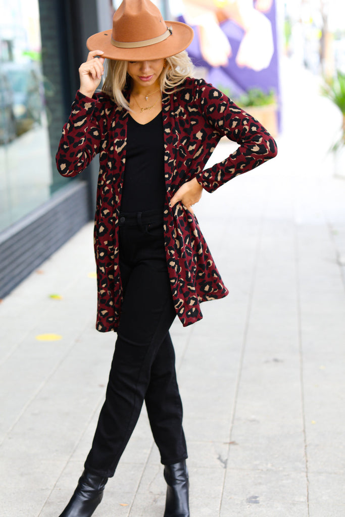 Weekend Envy Burgundy Animal Print Open Cardigan-Cardigans and Wraps-Timber Brooke Boutique, Online Women's Fashion Boutique in Amarillo, Texas