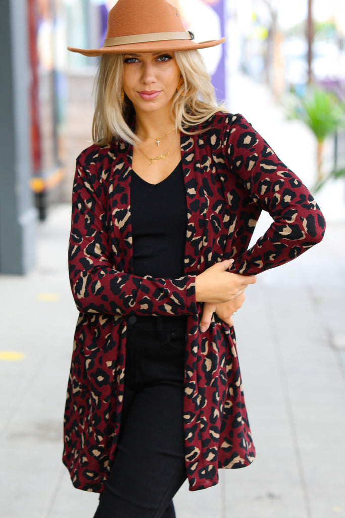 Weekend Envy Burgundy Animal Print Open Cardigan-Cardigans and Wraps-Timber Brooke Boutique, Online Women's Fashion Boutique in Amarillo, Texas