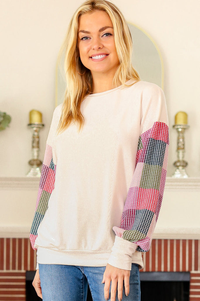 Stand Out Cream Checker Textured Knit Bubble Sleeve Top-Timber Brooke Boutique, Online Women's Fashion Boutique in Amarillo, Texas