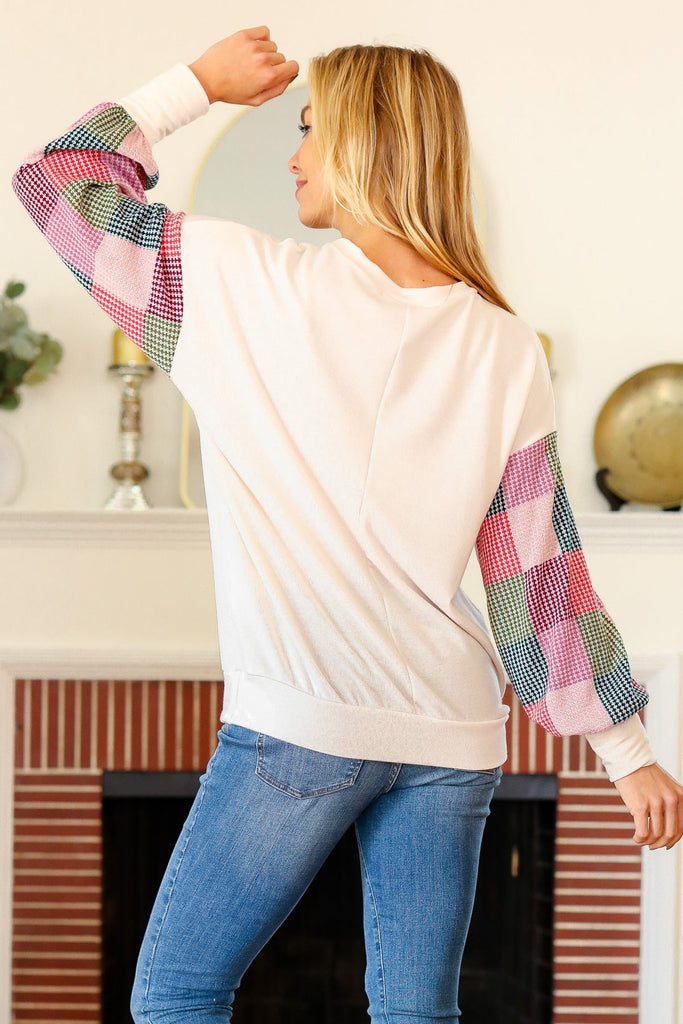 Stand Out Cream Checker Textured Knit Bubble Sleeve Top-Timber Brooke Boutique, Online Women's Fashion Boutique in Amarillo, Texas