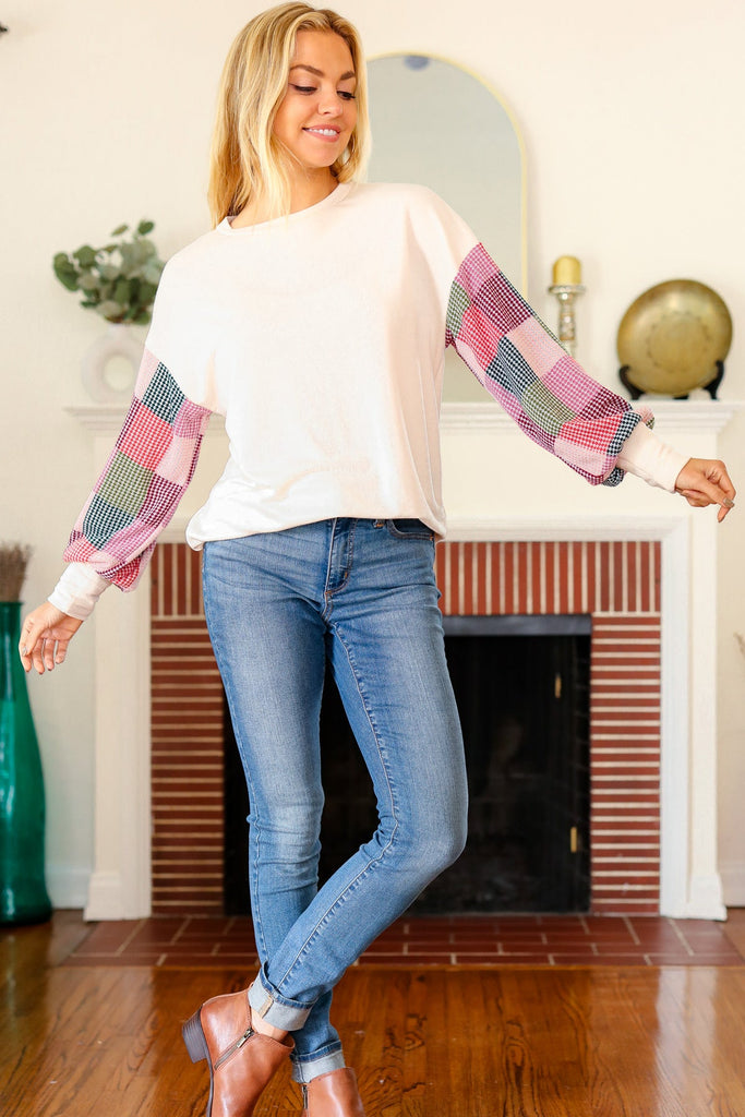 Stand Out Cream Checker Textured Knit Bubble Sleeve Top-Timber Brooke Boutique, Online Women's Fashion Boutique in Amarillo, Texas