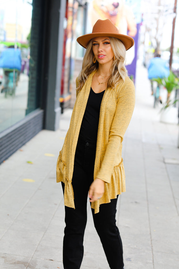 Face the Day Mustard Two-Tone Ruffle Cardigan-Timber Brooke Boutique, Online Women's Fashion Boutique in Amarillo, Texas