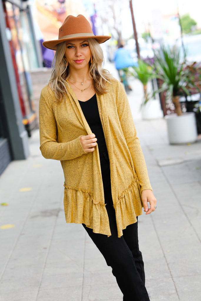 Face the Day Mustard Two-Tone Ruffle Cardigan-Timber Brooke Boutique, Online Women's Fashion Boutique in Amarillo, Texas