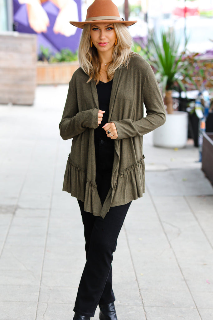 Olive Green Face the Day Two-Tone Ruffle Cardigan-Timber Brooke Boutique, Online Women's Fashion Boutique in Amarillo, Texas