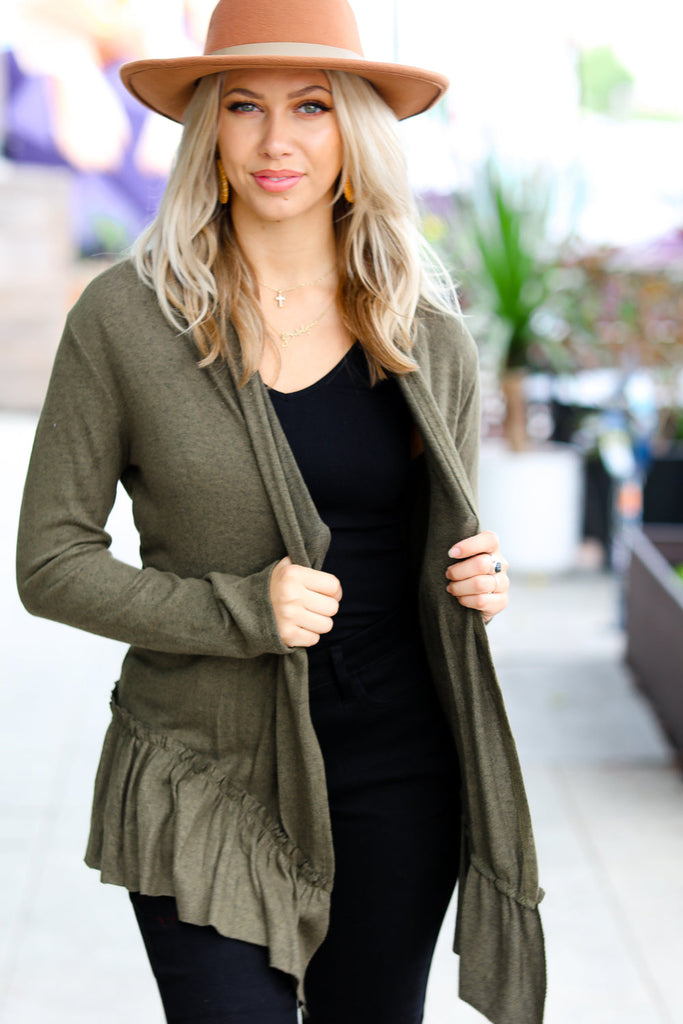 Olive Green Face the Day Two-Tone Ruffle Cardigan-Timber Brooke Boutique, Online Women's Fashion Boutique in Amarillo, Texas