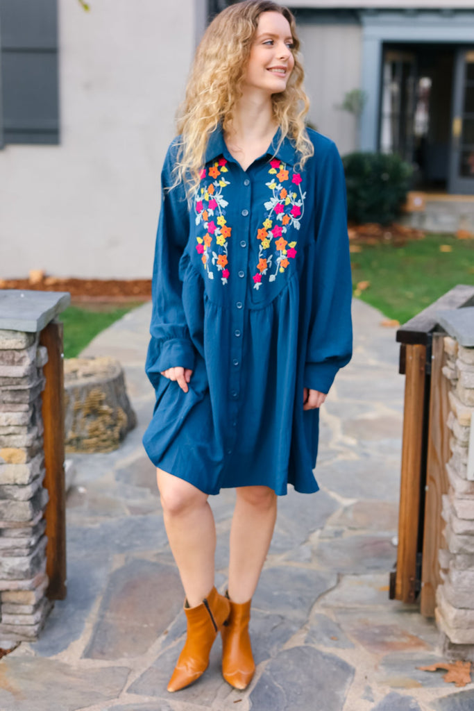 Just Imagine Navy Floral Embroidered Button Down Long Sleeve Dress-Timber Brooke Boutique, Online Women's Fashion Boutique in Amarillo, Texas