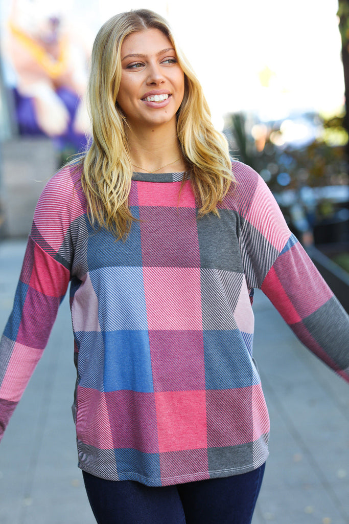 Weekend Ready Blue & Plum Checker Plaid French Terry Top-Long Sleeve Tops-Timber Brooke Boutique, Online Women's Fashion Boutique in Amarillo, Texas