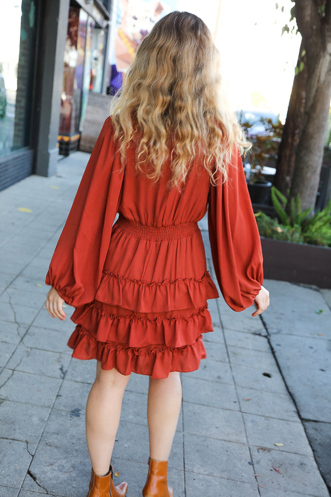 On My Way Rust Smocked Waist Tiered Ruffle Lined Dress-Timber Brooke Boutique, Online Women's Fashion Boutique in Amarillo, Texas
