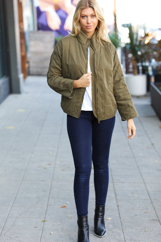 City Streets Olive Cotton Quilted Zip Up Jacket-Timber Brooke Boutique, Online Women's Fashion Boutique in Amarillo, Texas