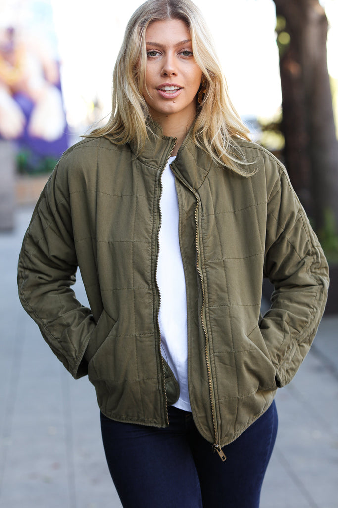 City Streets Olive Cotton Quilted Zip Up Jacket-Timber Brooke Boutique, Online Women's Fashion Boutique in Amarillo, Texas