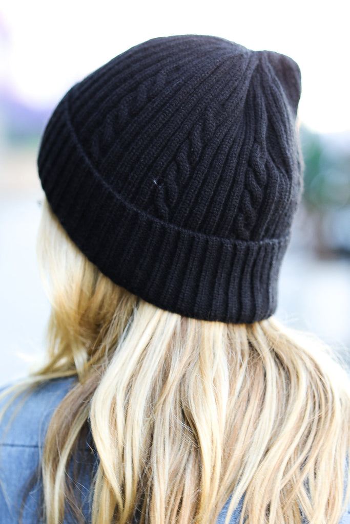 Black Cable Knit Beanie-Timber Brooke Boutique, Online Women's Fashion Boutique in Amarillo, Texas