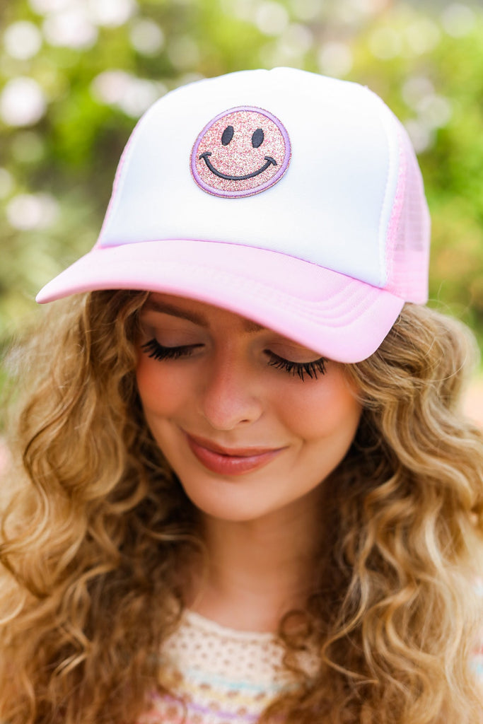 Baby Pink Glitter Smiley Face Mesh Trucker Hat-Timber Brooke Boutique, Online Women's Fashion Boutique in Amarillo, Texas