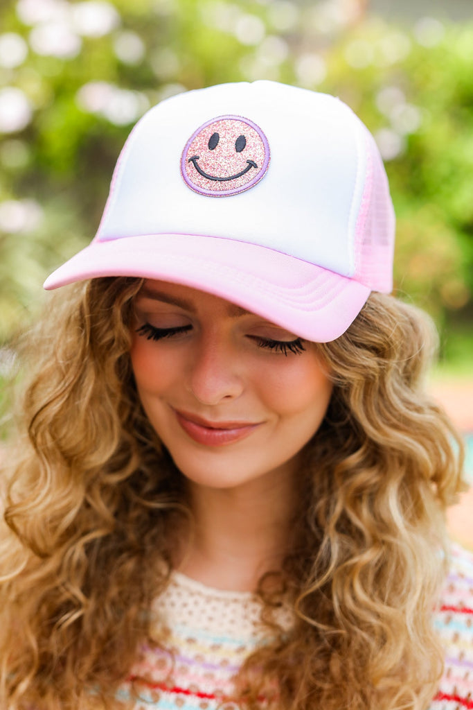 Baby Pink Glitter Smiley Face Mesh Trucker Hat-Timber Brooke Boutique, Online Women's Fashion Boutique in Amarillo, Texas