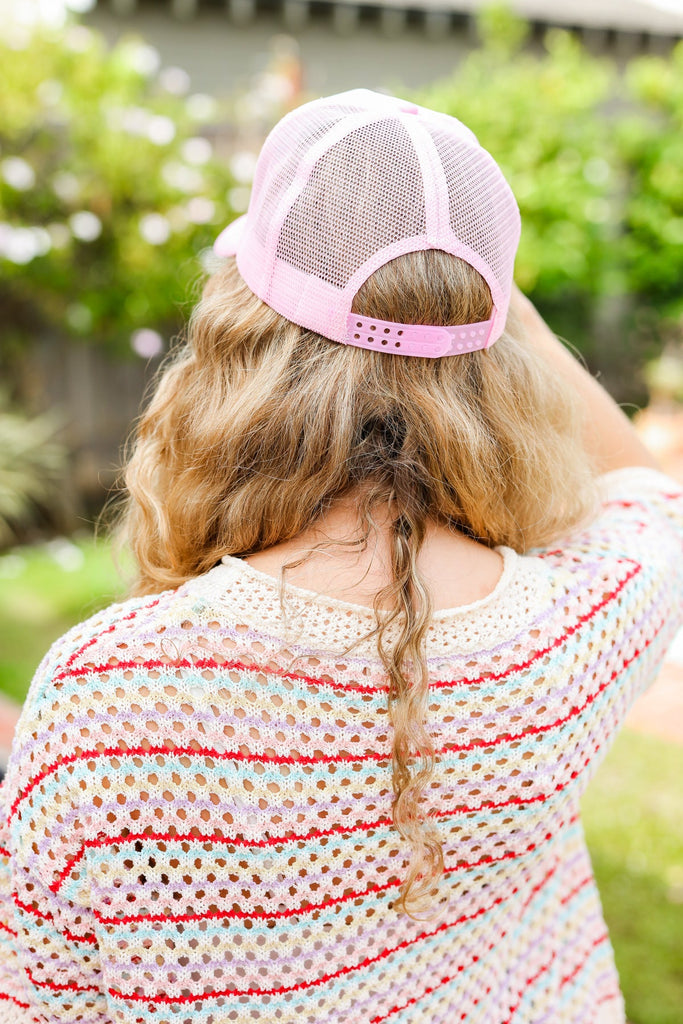 Baby Pink Glitter Smiley Face Mesh Trucker Hat-Timber Brooke Boutique, Online Women's Fashion Boutique in Amarillo, Texas