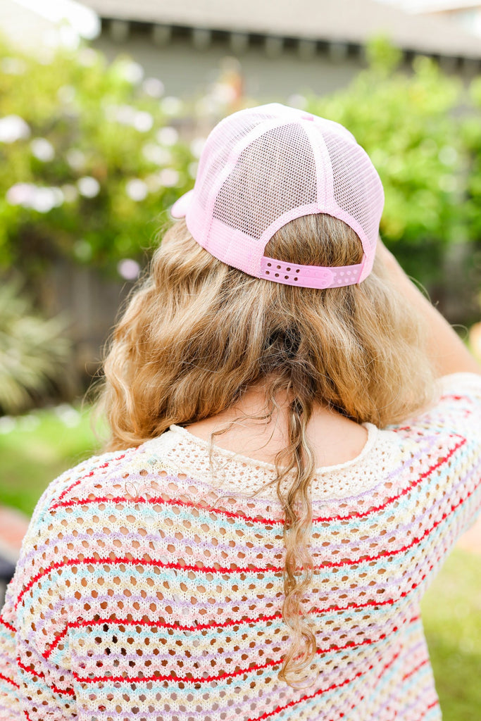 Baby Pink Glitter Smiley Face Mesh Trucker Hat-Timber Brooke Boutique, Online Women's Fashion Boutique in Amarillo, Texas