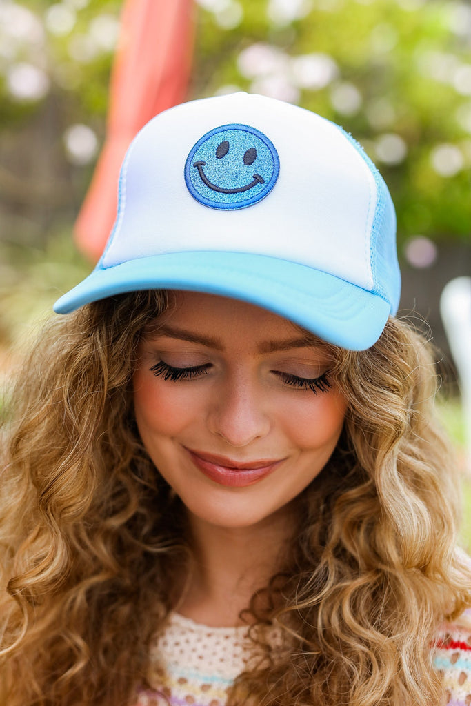 Baby Blue Glitter Smiley Face Mesh Trucker Hat-Timber Brooke Boutique, Online Women's Fashion Boutique in Amarillo, Texas