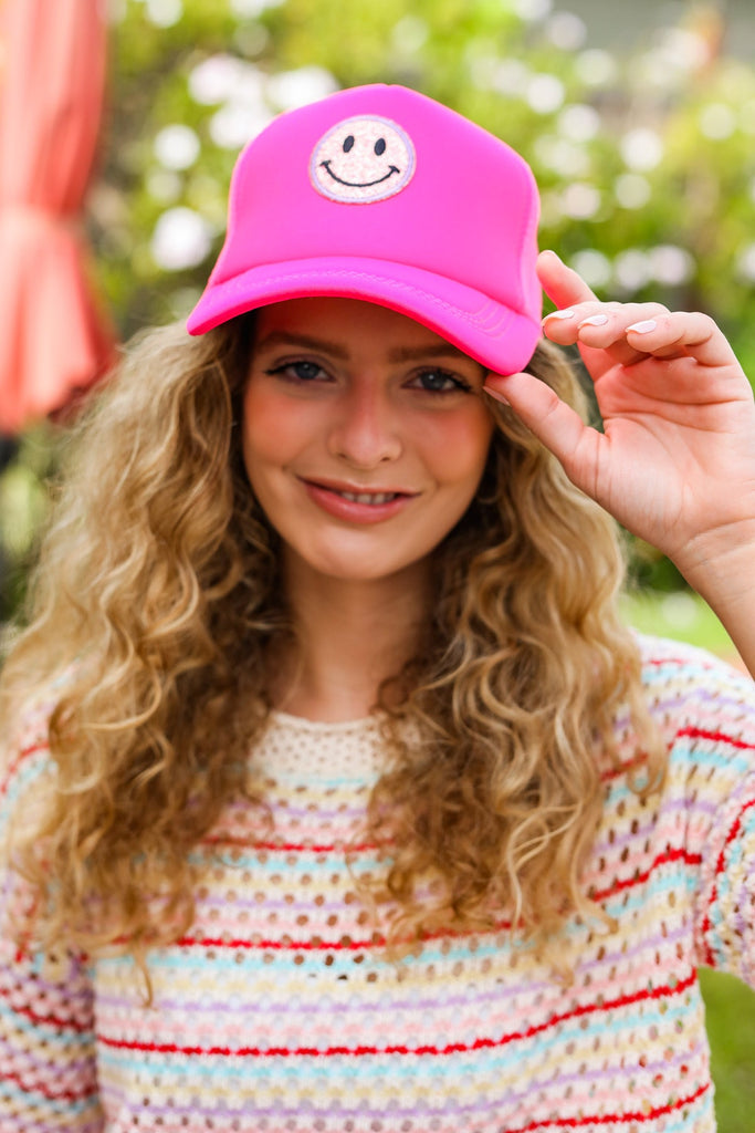 Neon Pink Glitter Smiley Face Mesh Trucker Hat-Timber Brooke Boutique, Online Women's Fashion Boutique in Amarillo, Texas