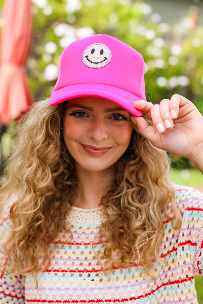 Neon Pink Glitter Smiley Face Mesh Trucker Hat-Timber Brooke Boutique, Online Women's Fashion Boutique in Amarillo, Texas