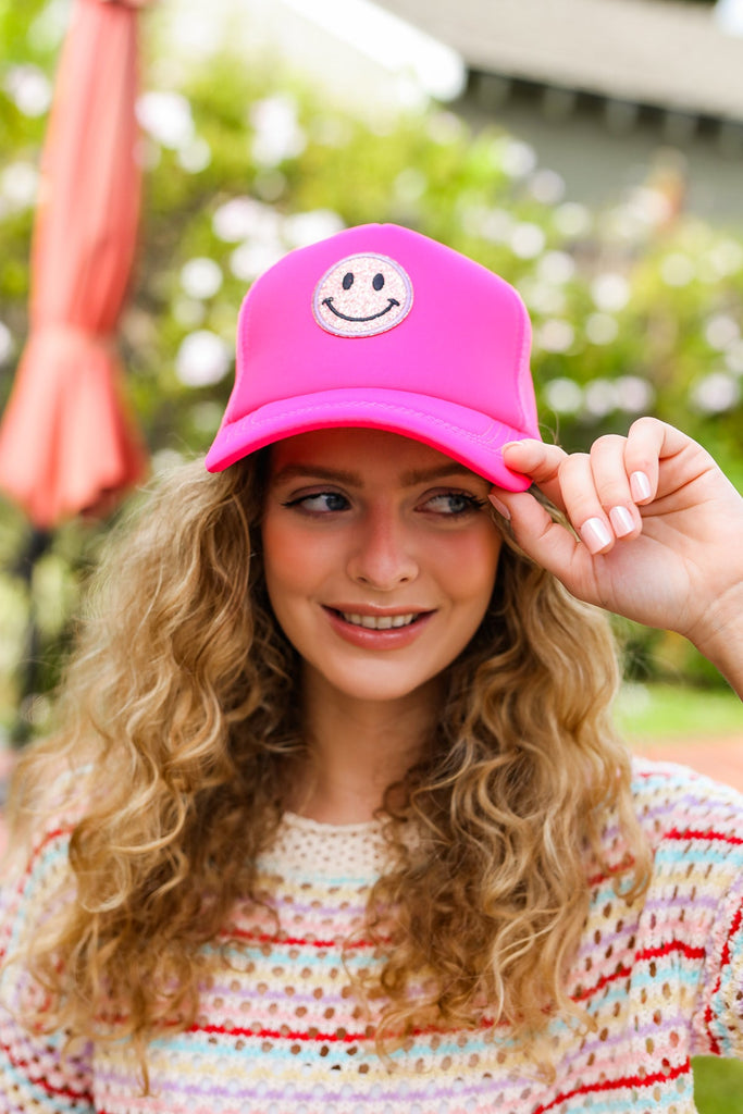 Neon Pink Glitter Smiley Face Mesh Trucker Hat-Timber Brooke Boutique, Online Women's Fashion Boutique in Amarillo, Texas