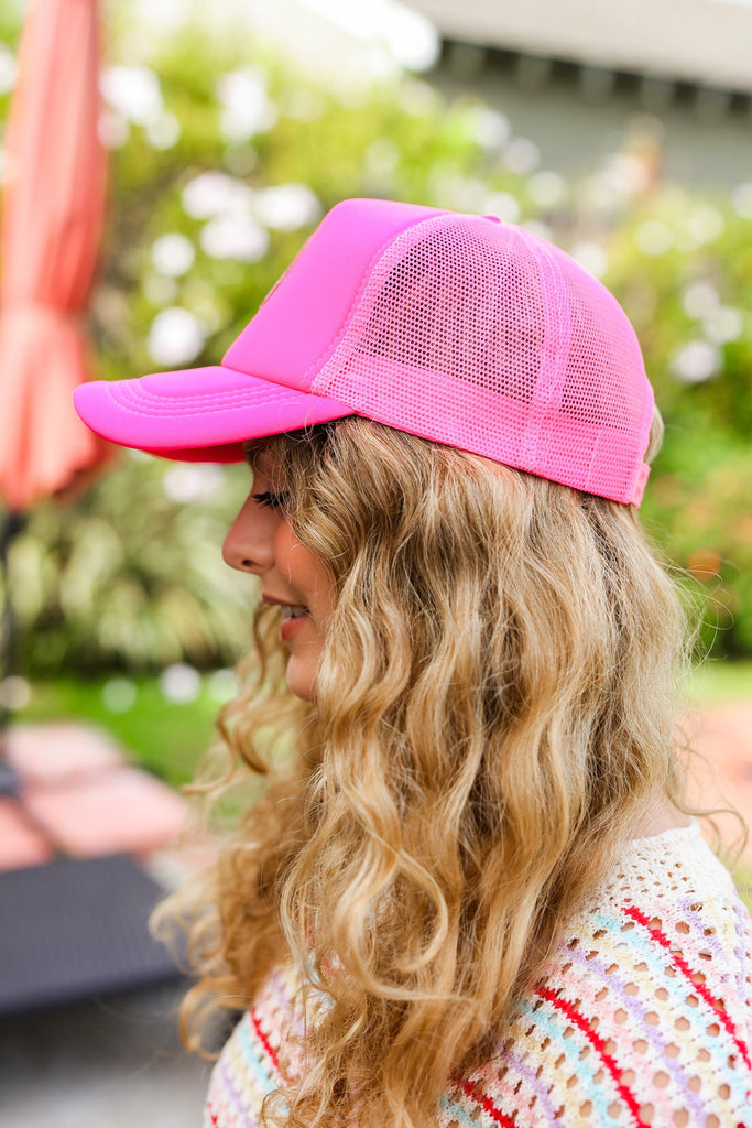 Neon Pink Glitter Smiley Face Mesh Trucker Hat-Timber Brooke Boutique, Online Women's Fashion Boutique in Amarillo, Texas