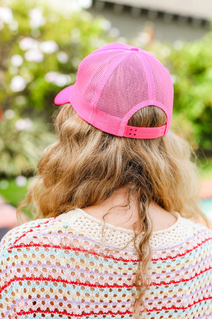 Neon Pink Glitter Smiley Face Mesh Trucker Hat-Timber Brooke Boutique, Online Women's Fashion Boutique in Amarillo, Texas